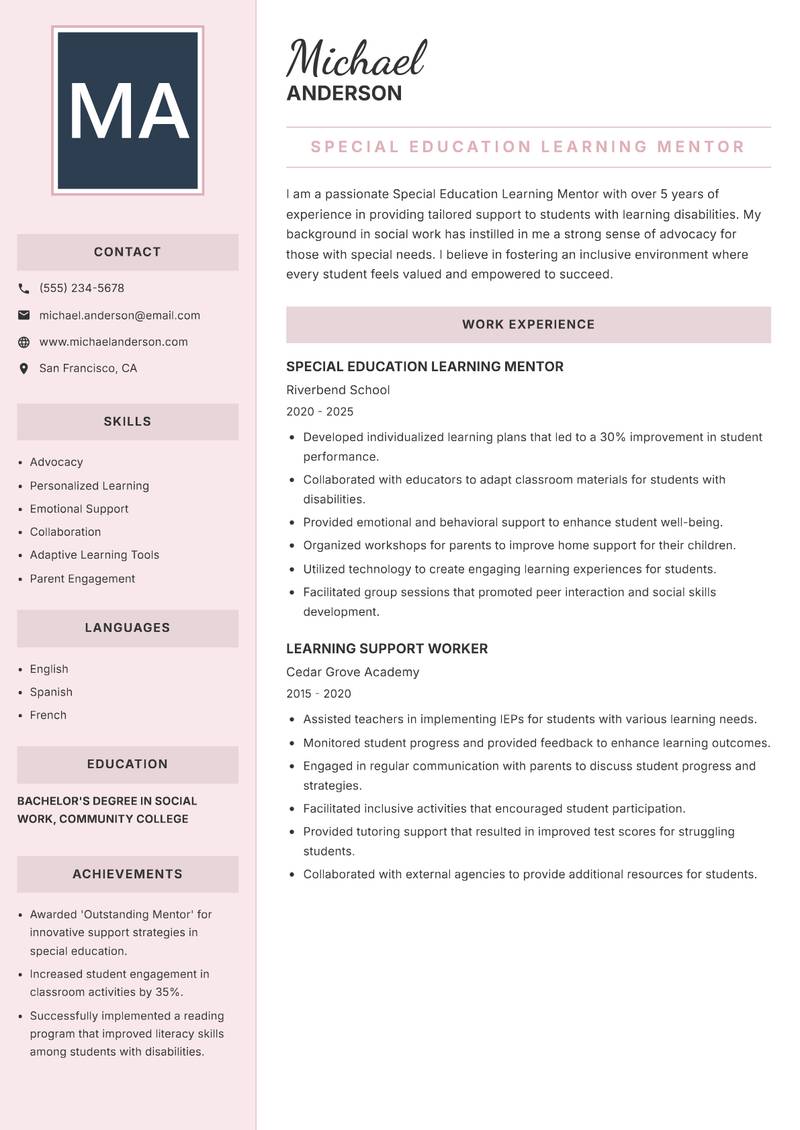 Special Education Learning Mentor Resume Preview Example