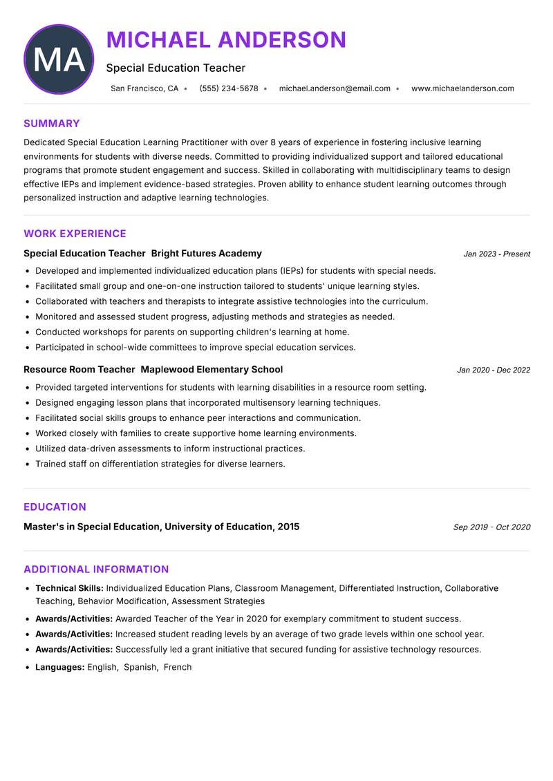 Special Education Learning Practitioner Resume Preview Example