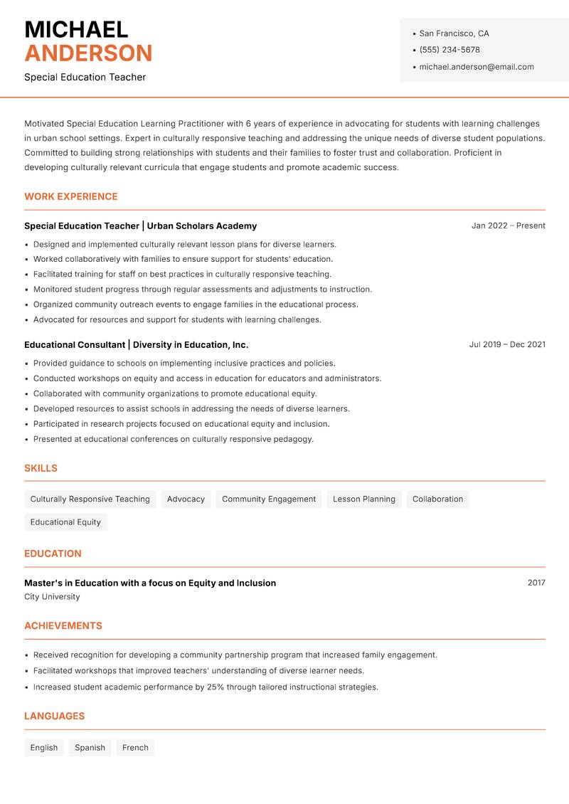 Special Education Learning Practitioner Resume Template