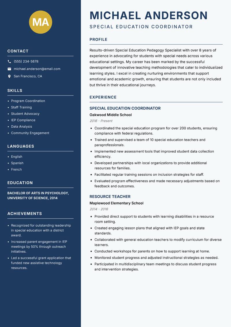 Special Education Pedagogy Specialist Resume Preview Example