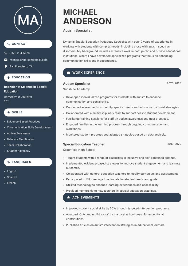 Special Education Pedagogy Specialist Resume Preview Example