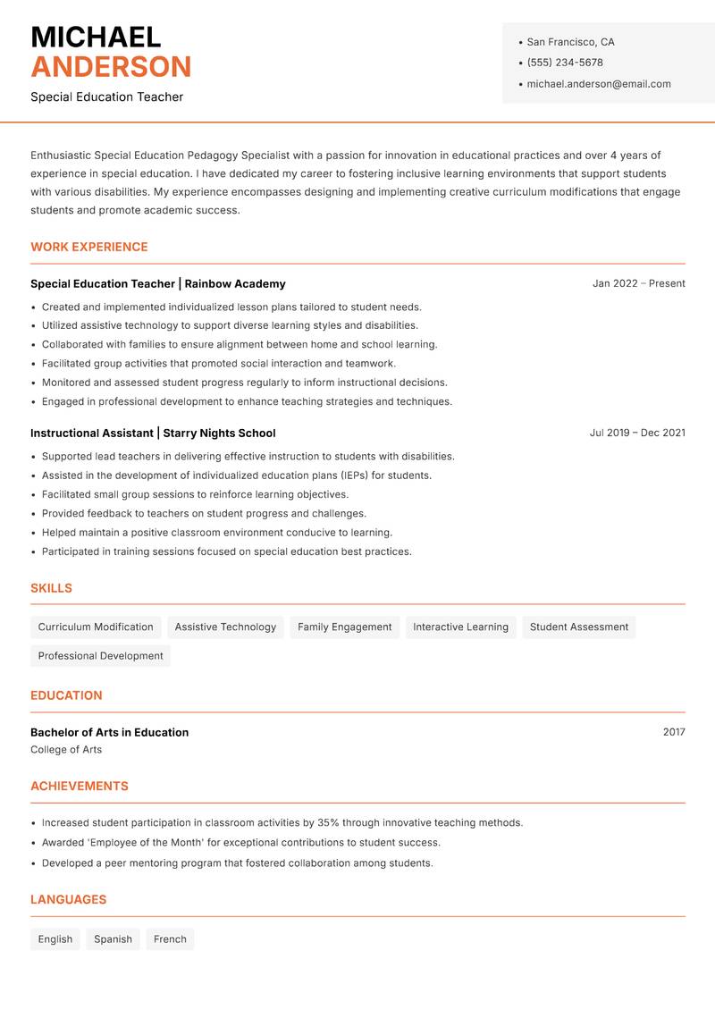 Special Education Pedagogy Specialist Resume Template