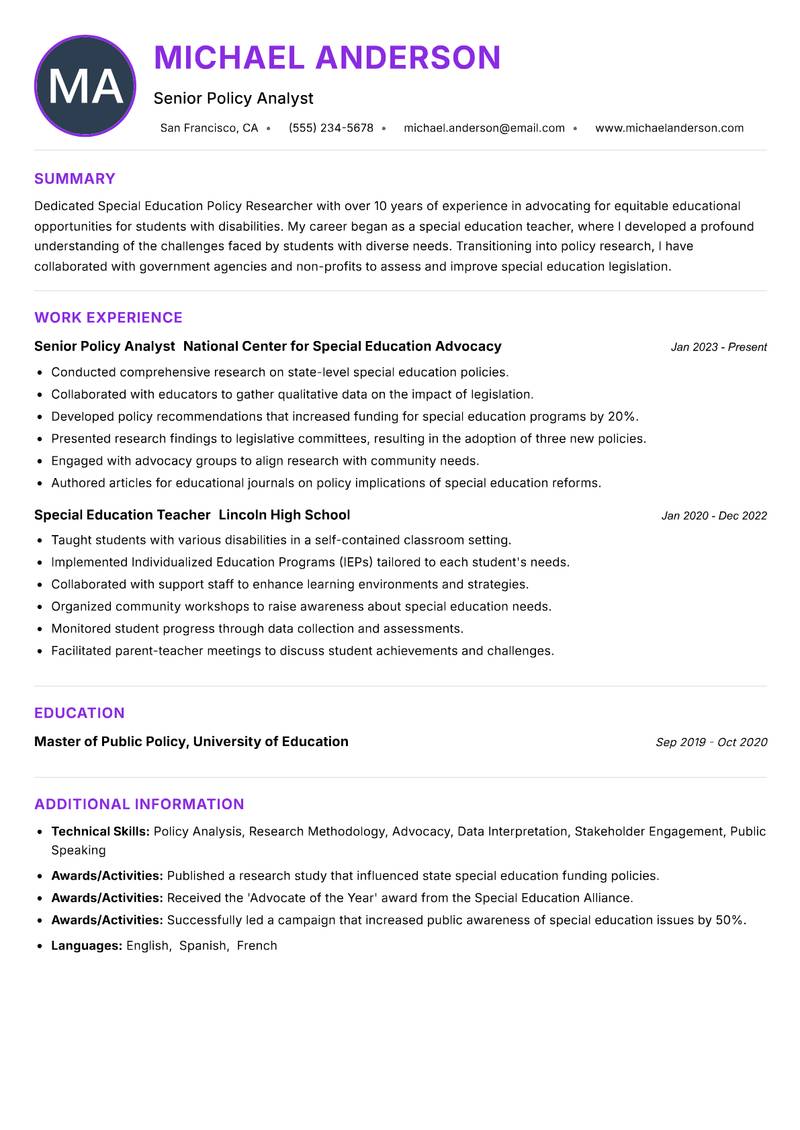 Special Education Policy Researcher Resume Preview Example
