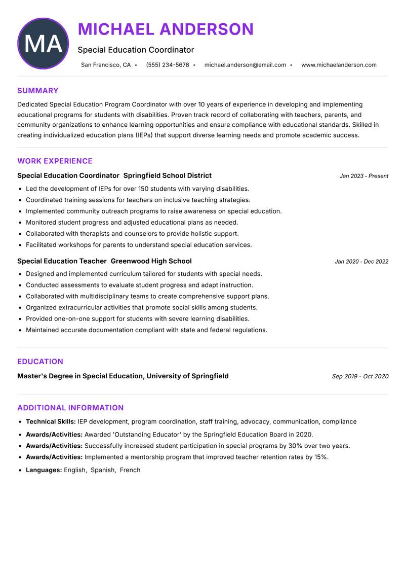 Special Education Program Coordinator Resume Preview Example