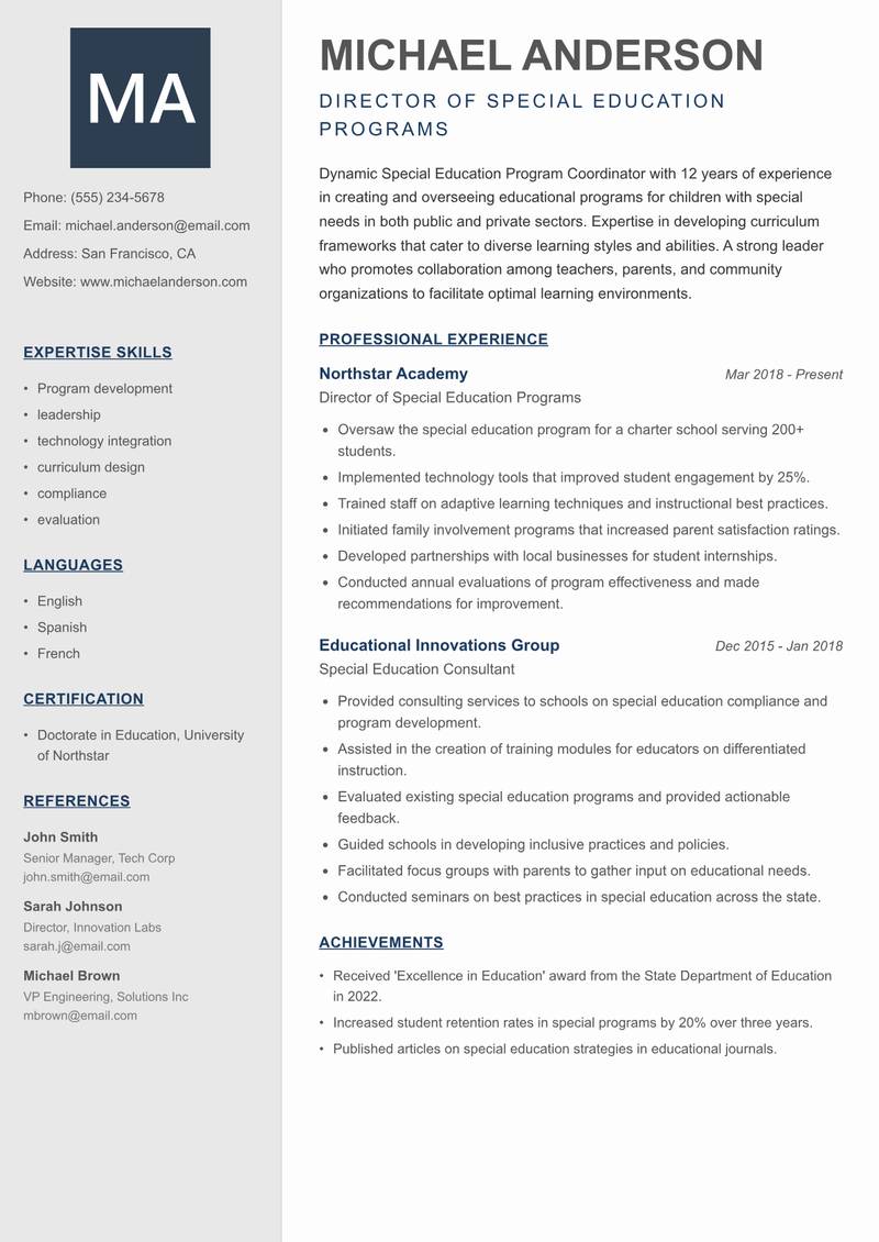 Special Education Program Coordinator Resume Preview Example