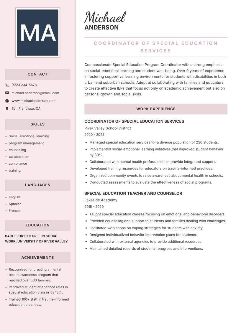 Special Education Program Coordinator Resume Preview Example