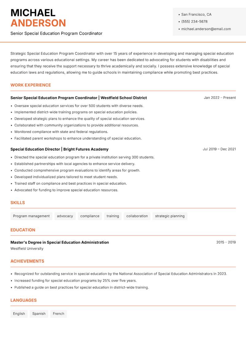 Special Education Program Coordinator Resume Template