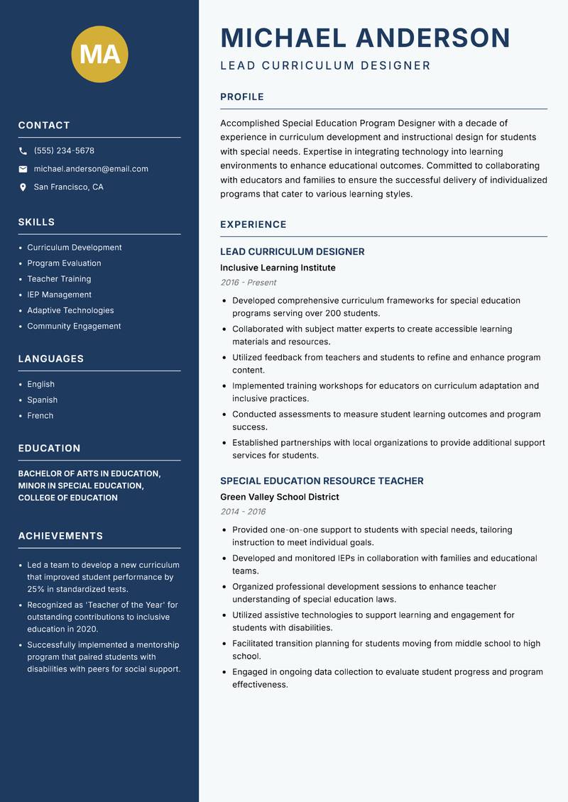 Special Education Program Designer Resume Preview Example