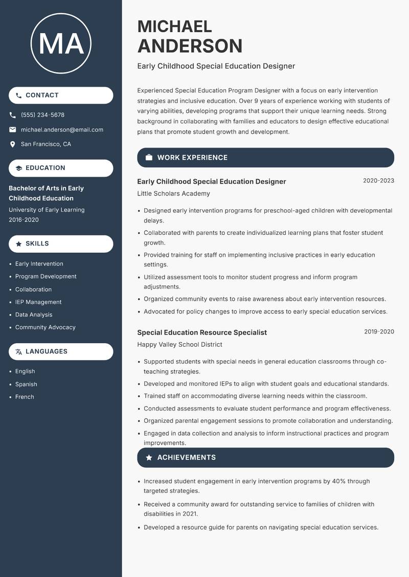 Special Education Program Designer Resume Preview Example