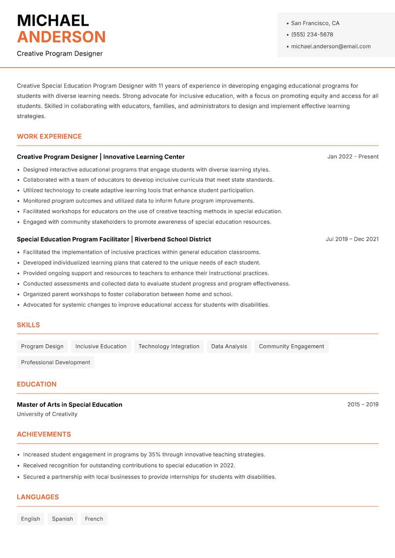 Special Education Program Designer Resume Template