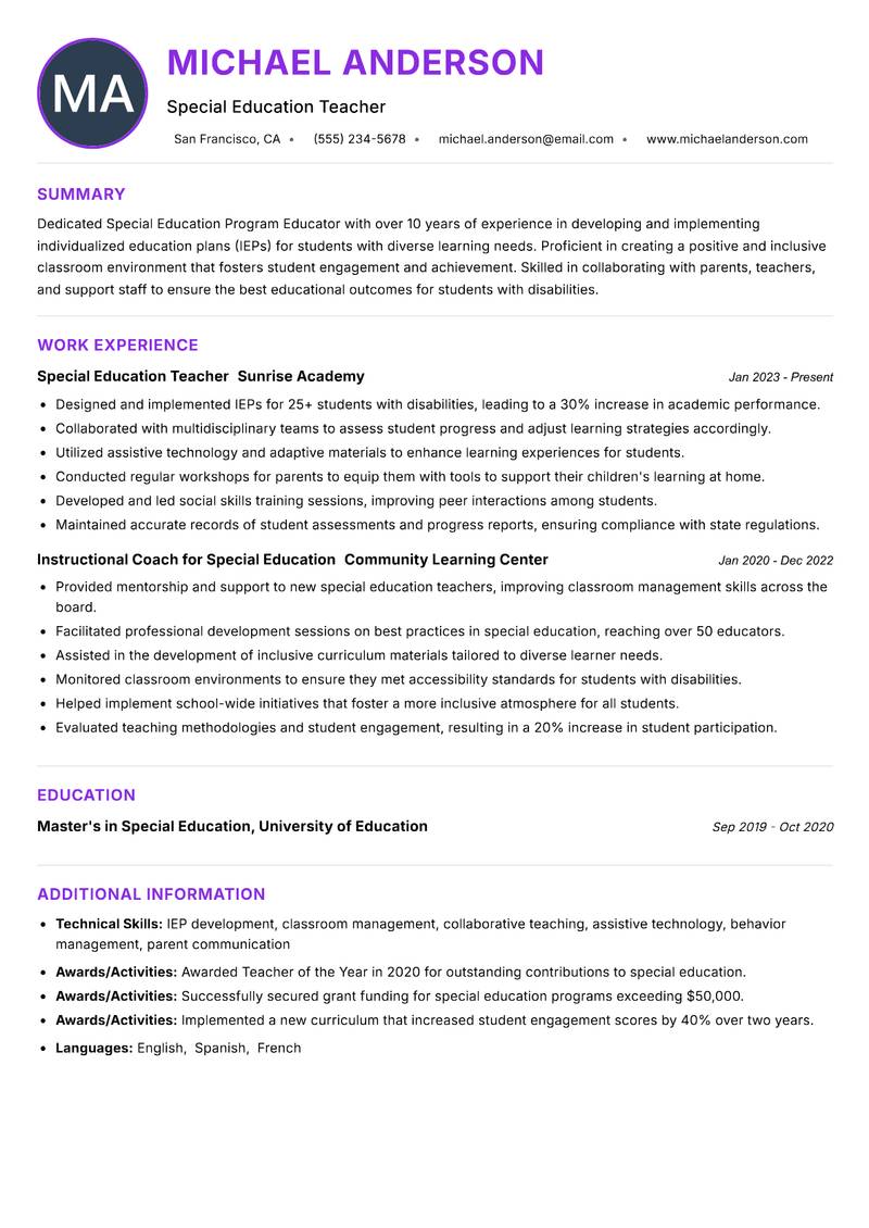 Special Education Program Educator Resume Preview Example
