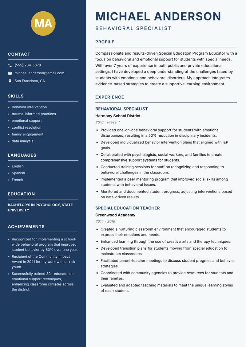 Special Education Program Educator Resume Preview Example