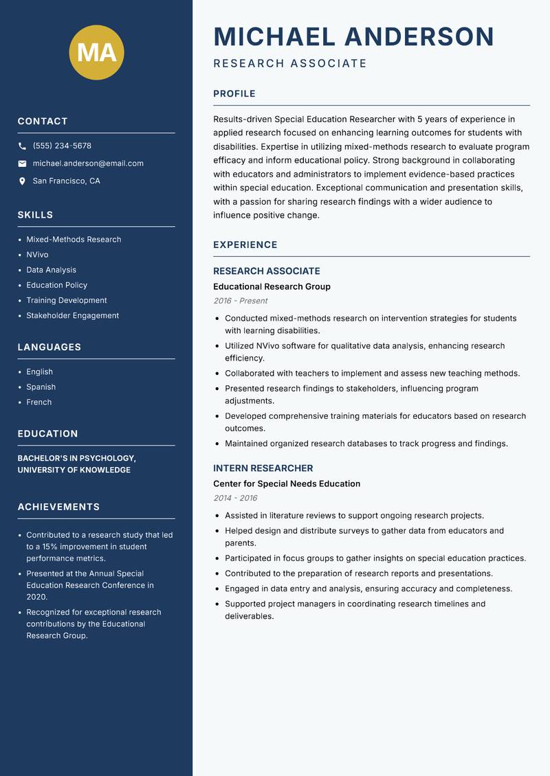 Special Education Researcher Resume Preview Example