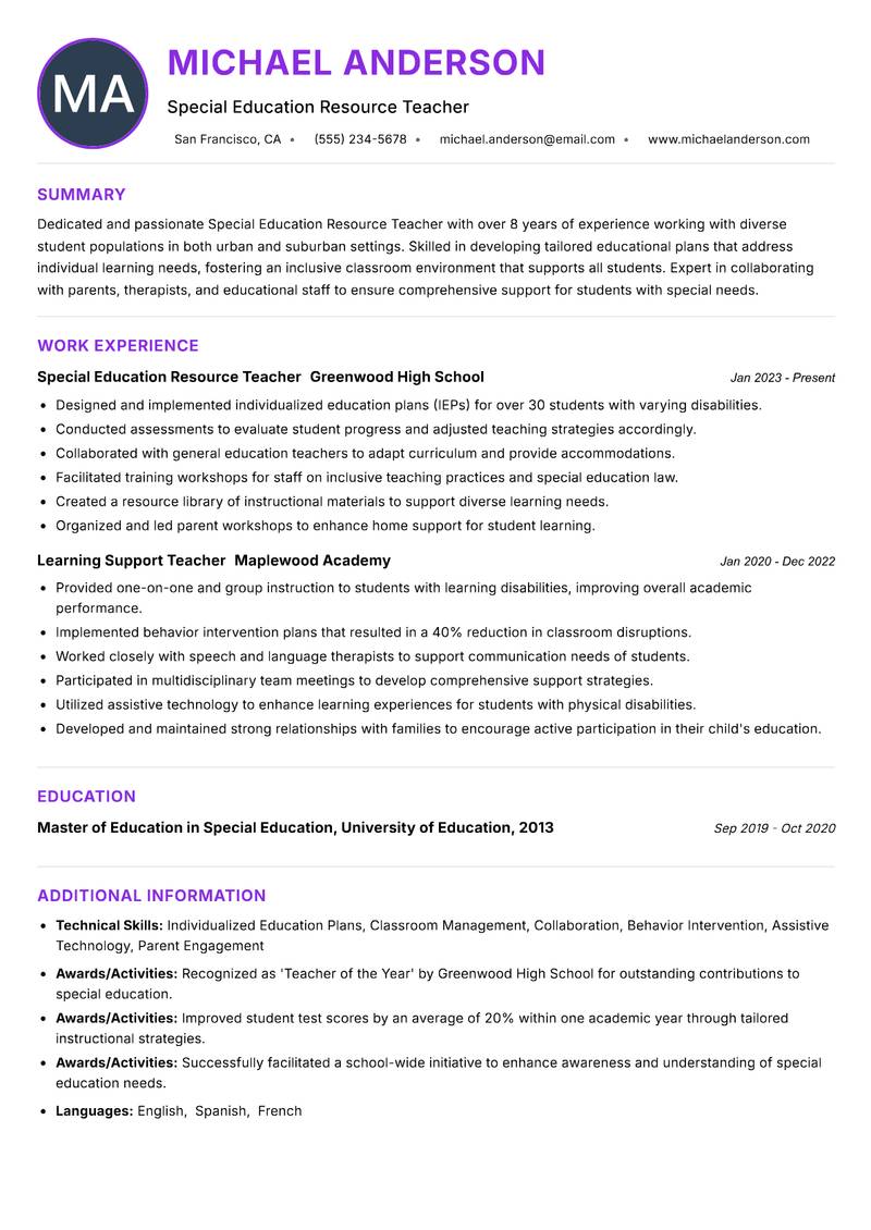 Special Education Resource Teacher Resume Preview Example
