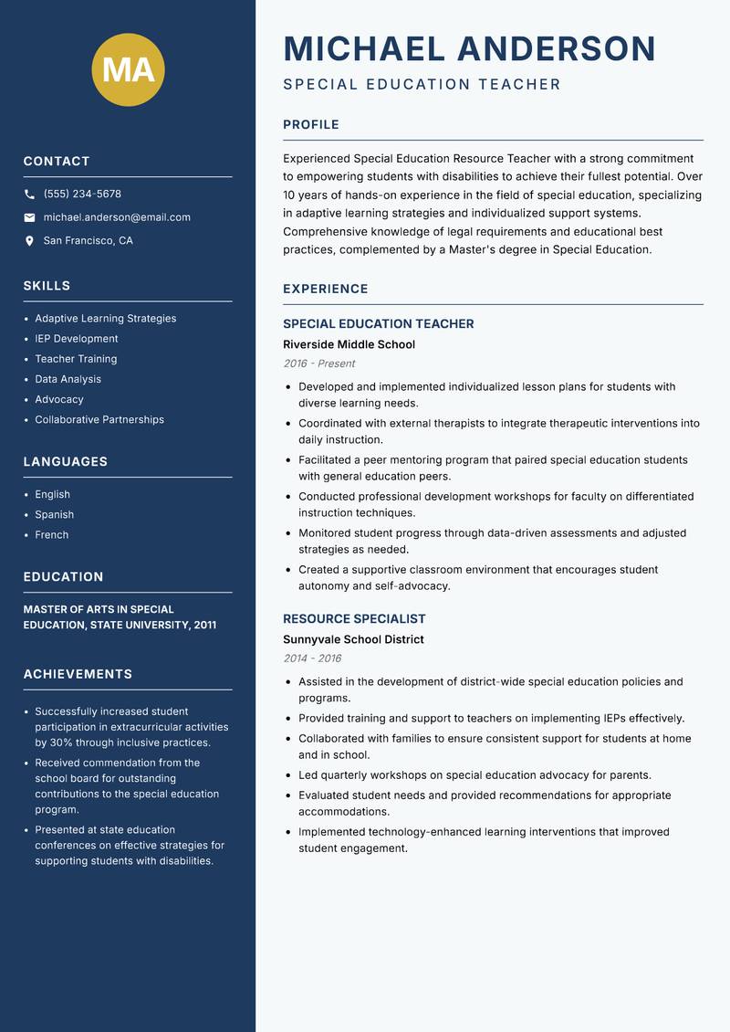 Special Education Resource Teacher Resume Preview Example