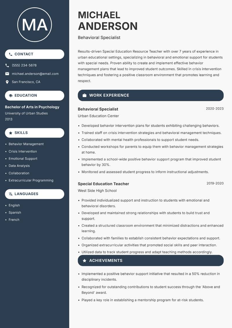 Special Education Resource Teacher Resume Preview Example