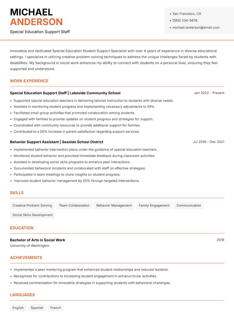 Special Education Student Support Specialist Resume Template