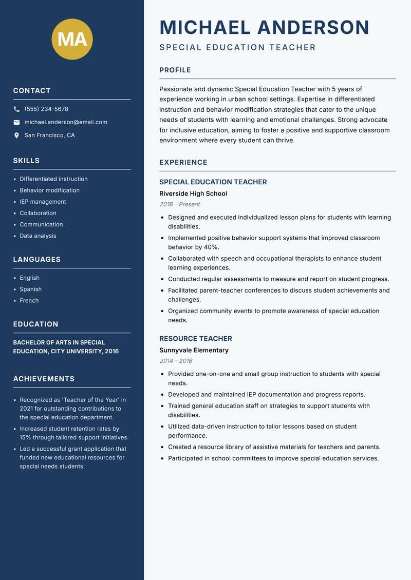 Special Education Teacher Resume Preview Example
