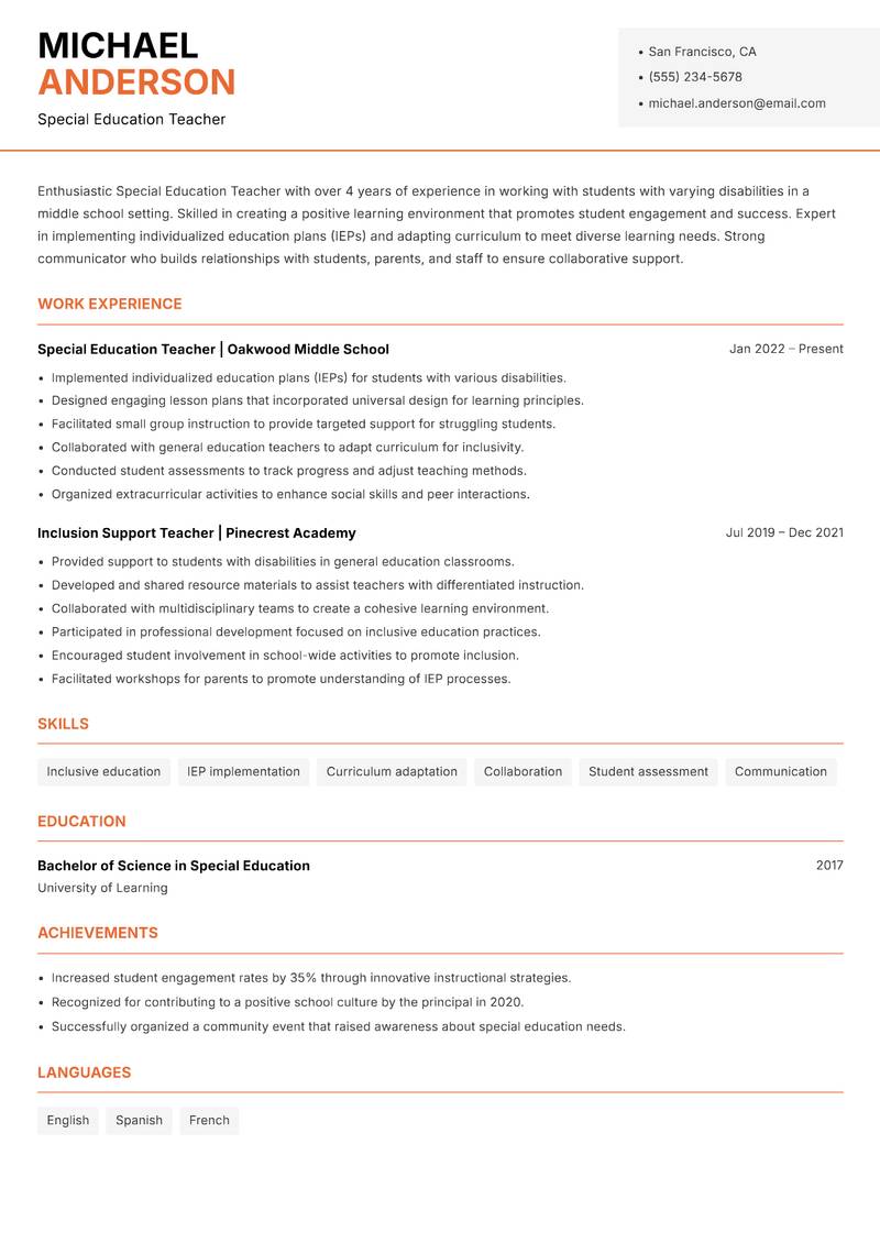 Special Education Teacher Resume Template