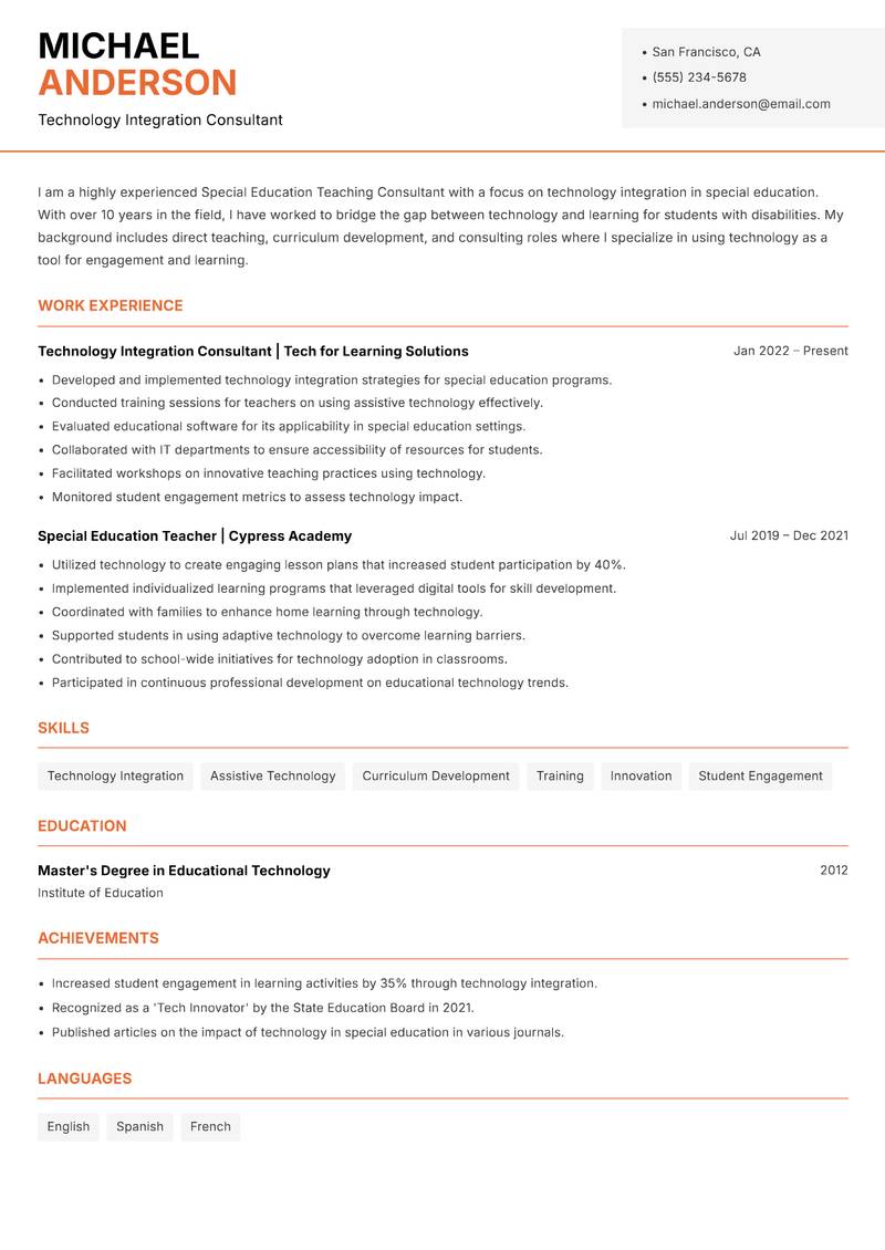 Special Education Teaching Consultant Resume Template