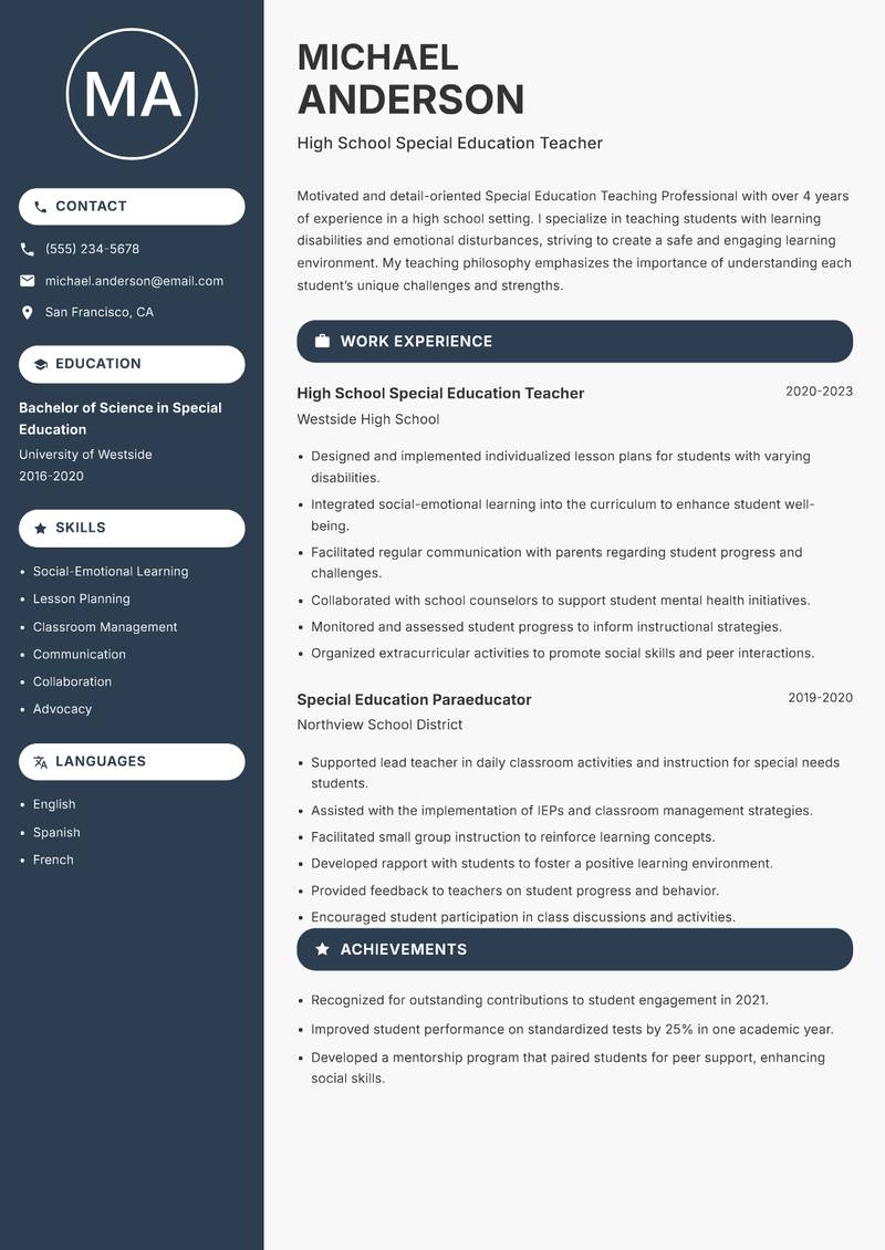 Special Education Teaching Professional Resume Preview Example