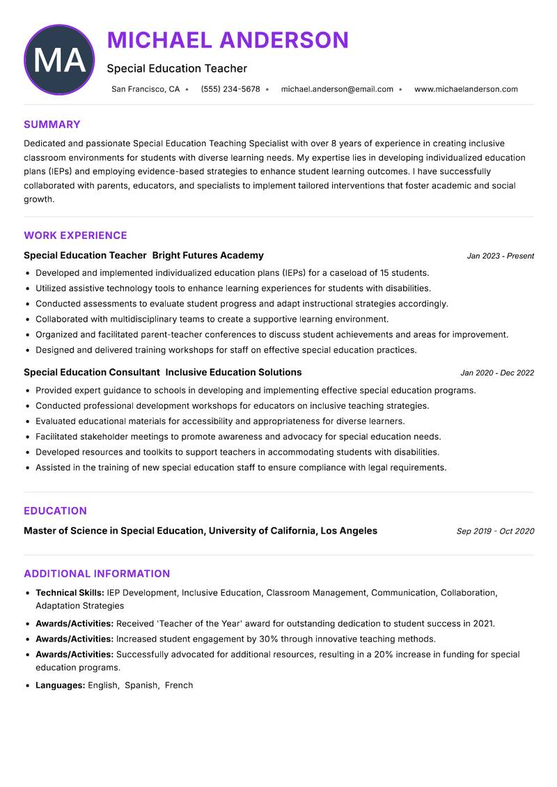 Special Education Teaching Specialist Resume Preview Example