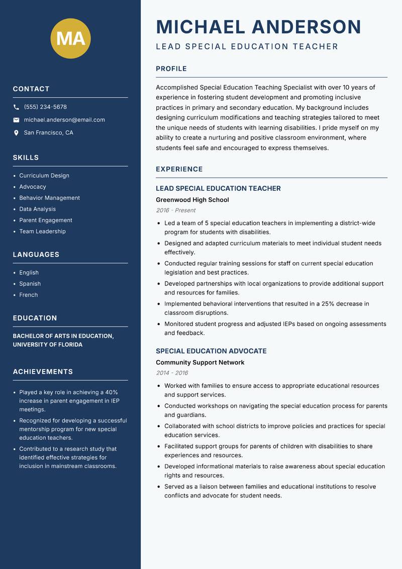 Special Education Teaching Specialist Resume Preview Example