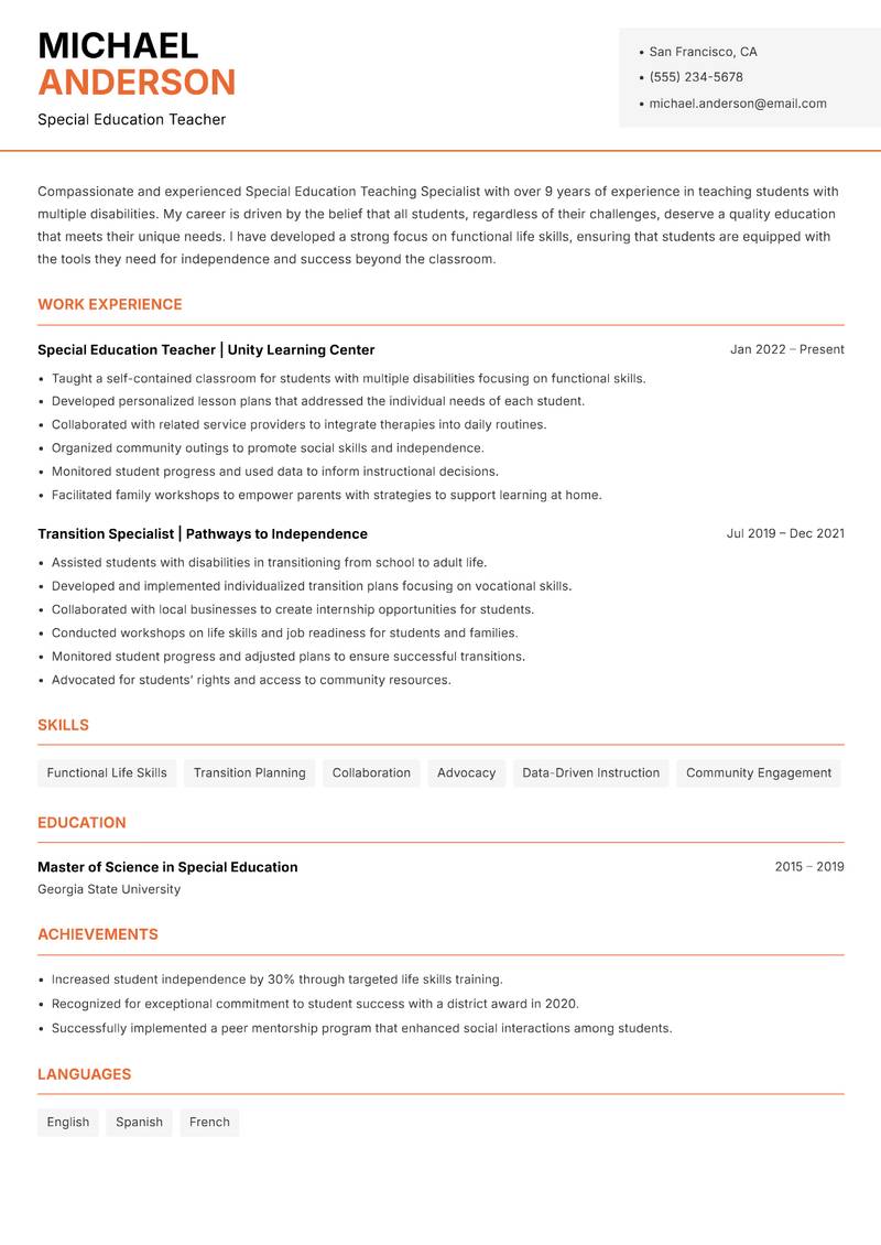 Special Education Teaching Specialist Resume Template