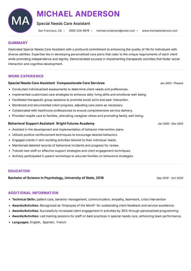 Special Needs Care Assistant Resume Preview Example