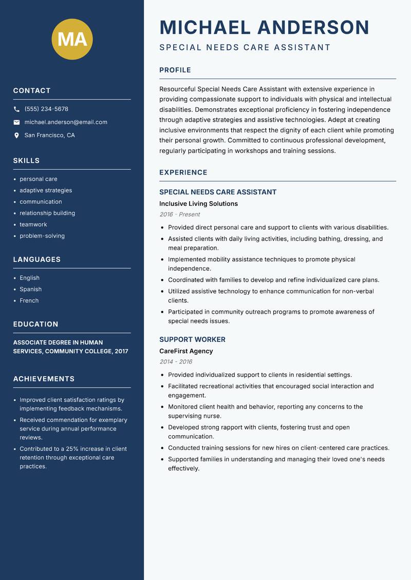 Special Needs Care Assistant Resume Preview Example