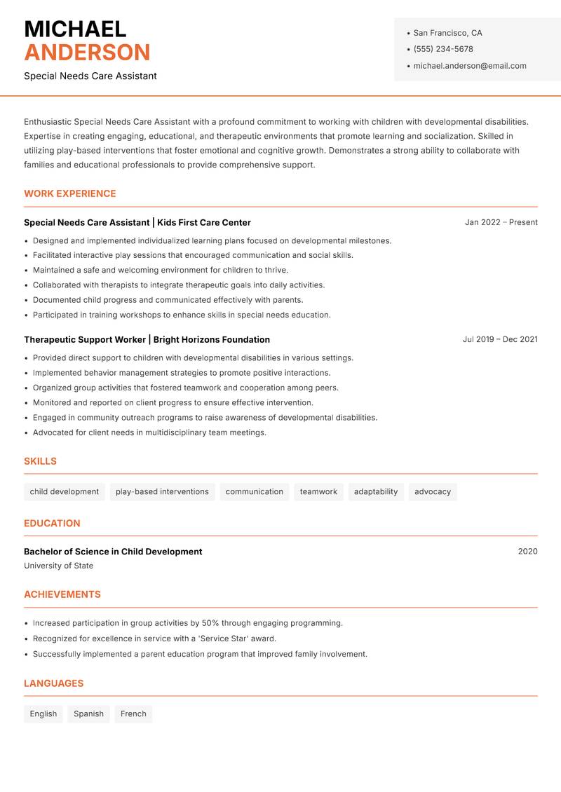 Special Needs Care Assistant Resume Template