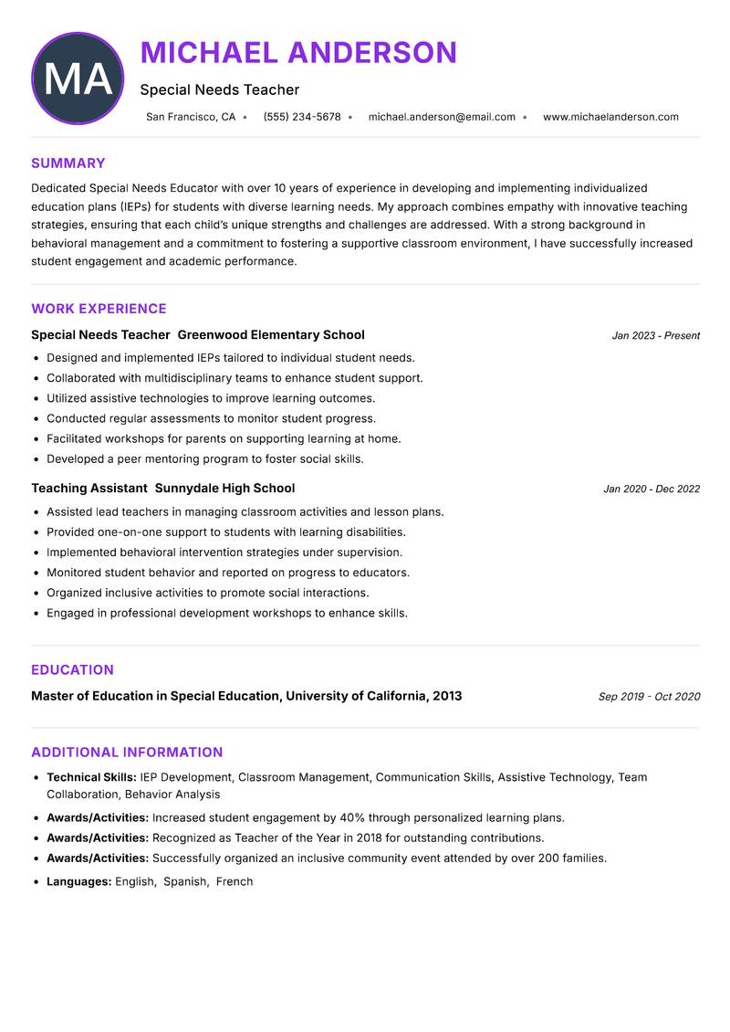 Special Needs Educator Resume Preview Example