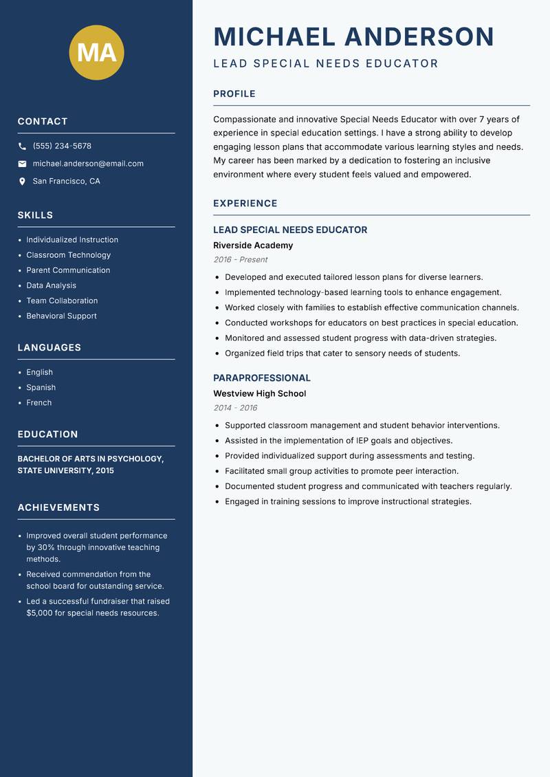 Special Needs Educator Resume Preview Example