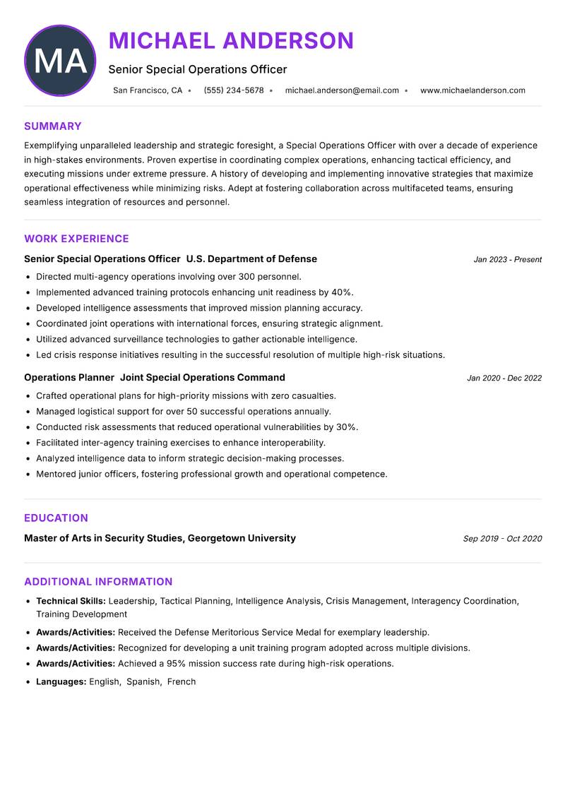 Special Operations Officer Resume Preview Example