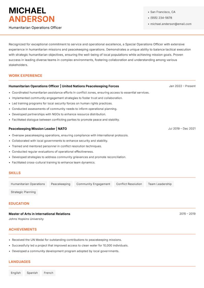 Special Operations Officer Resume Template