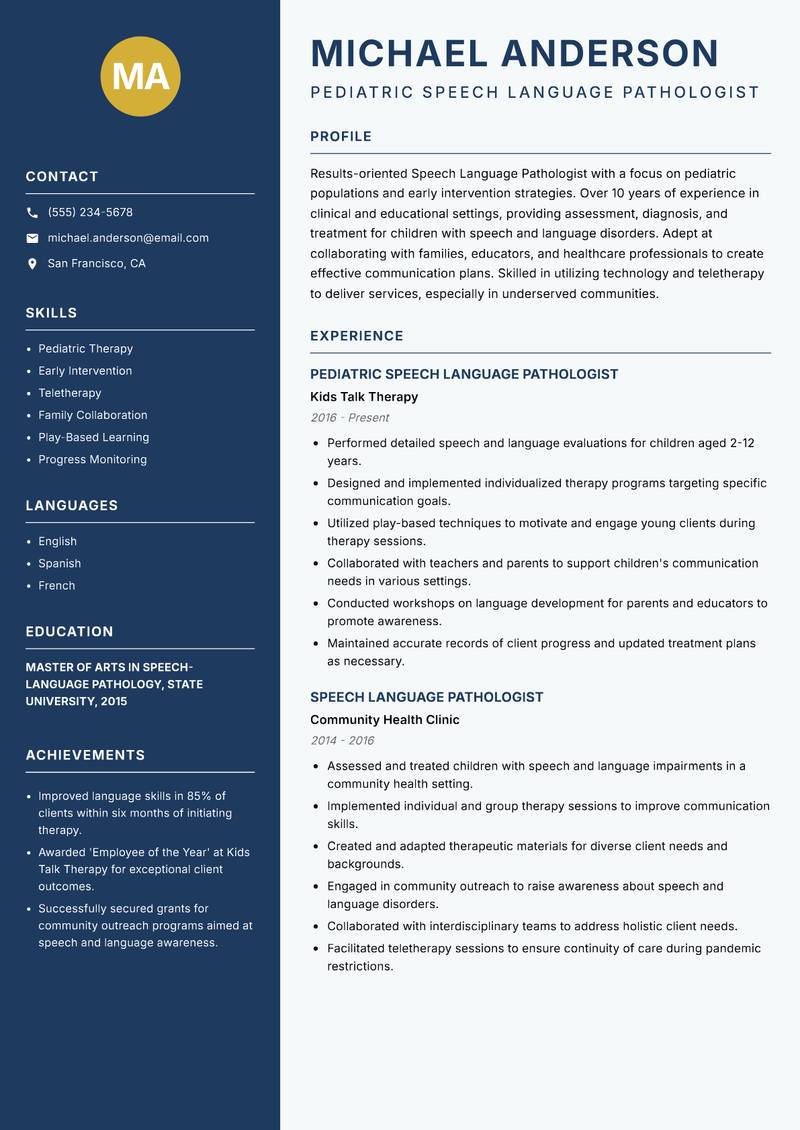 Speech Language Pathologist Resume Preview Example