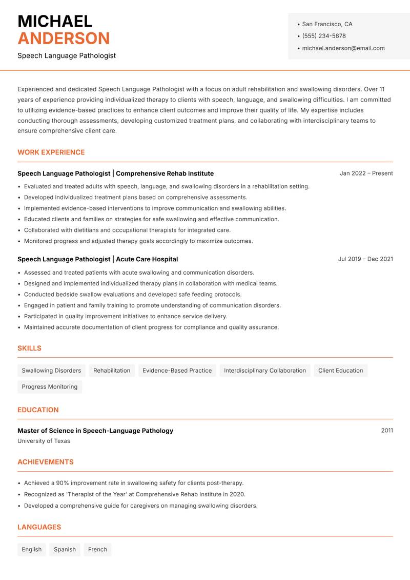 Speech Language Pathologist Resume Template