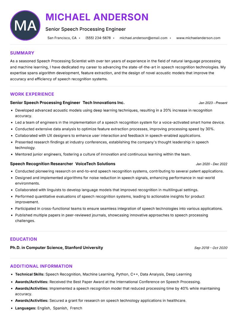 Speech Processing Scientist Resume Preview Example