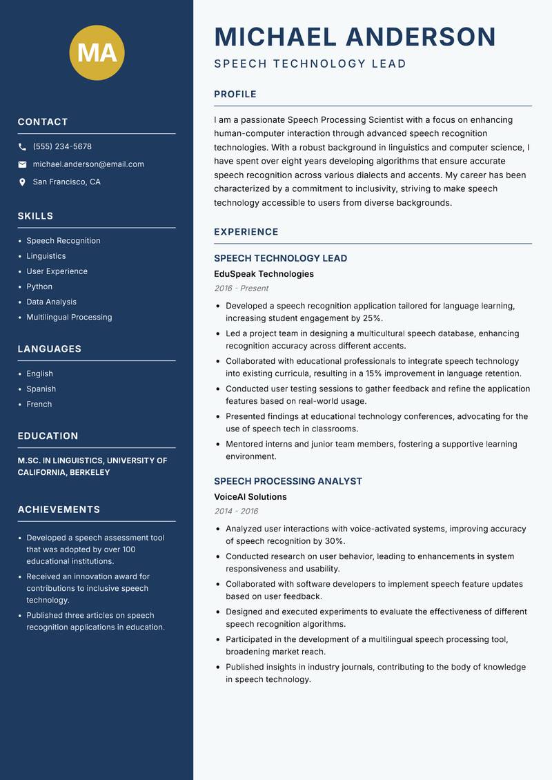 Speech Processing Scientist Resume Preview Example