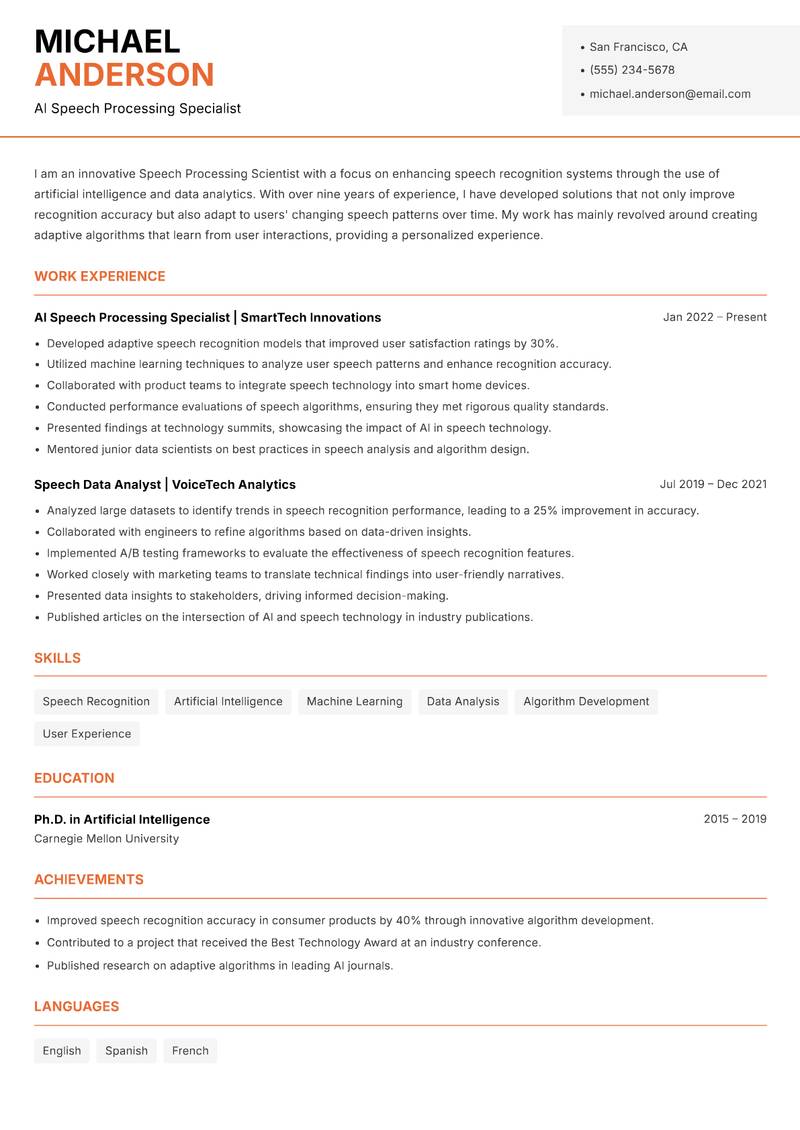 Speech Processing Scientist Resume Template
