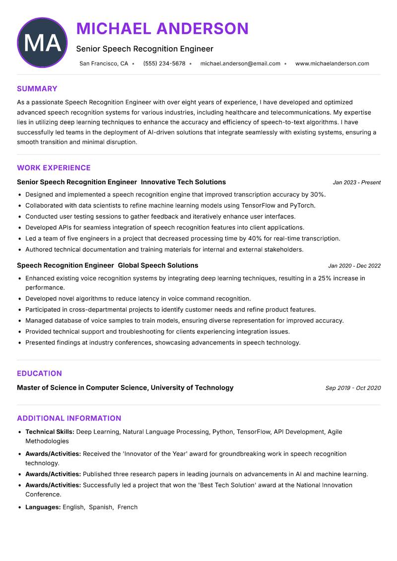 Speech Recognition Engineer Resume Preview Example
