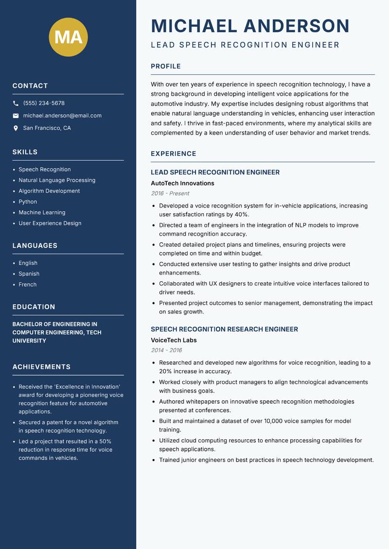 Speech Recognition Engineer Resume Preview Example