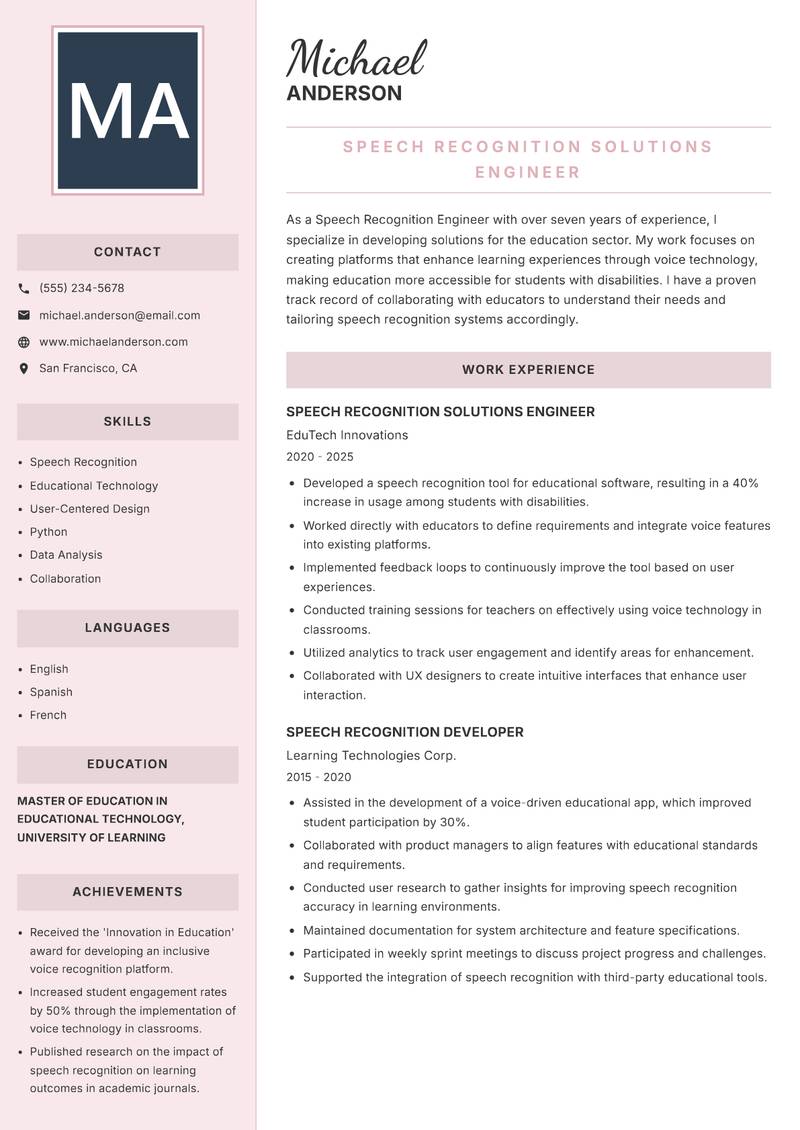 Speech Recognition Engineer Resume Preview Example