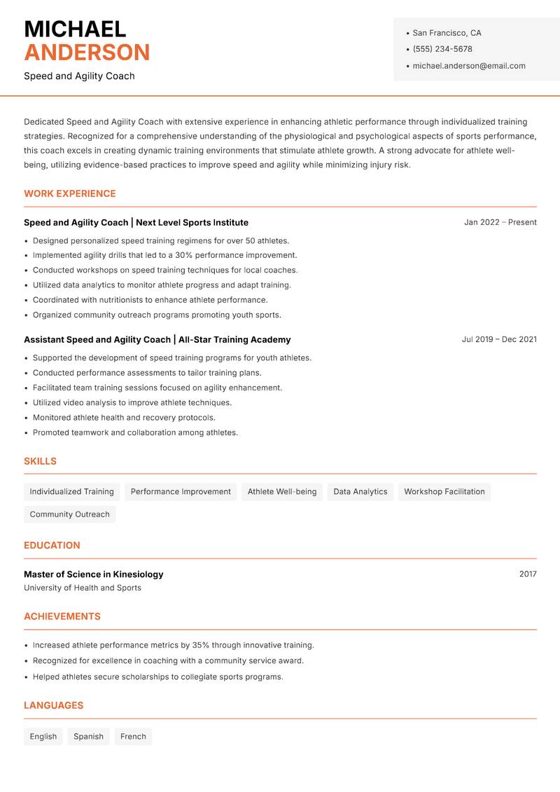 Speed and Agility Coach Resume Template