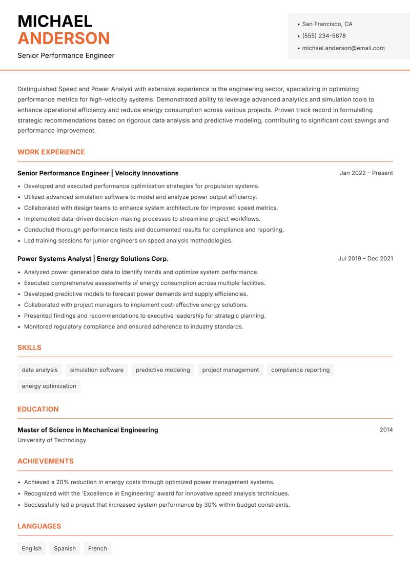 Speed and Power Analyst Resume Template