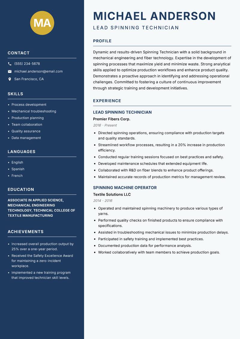 Spinning Technician Resume Preview Example