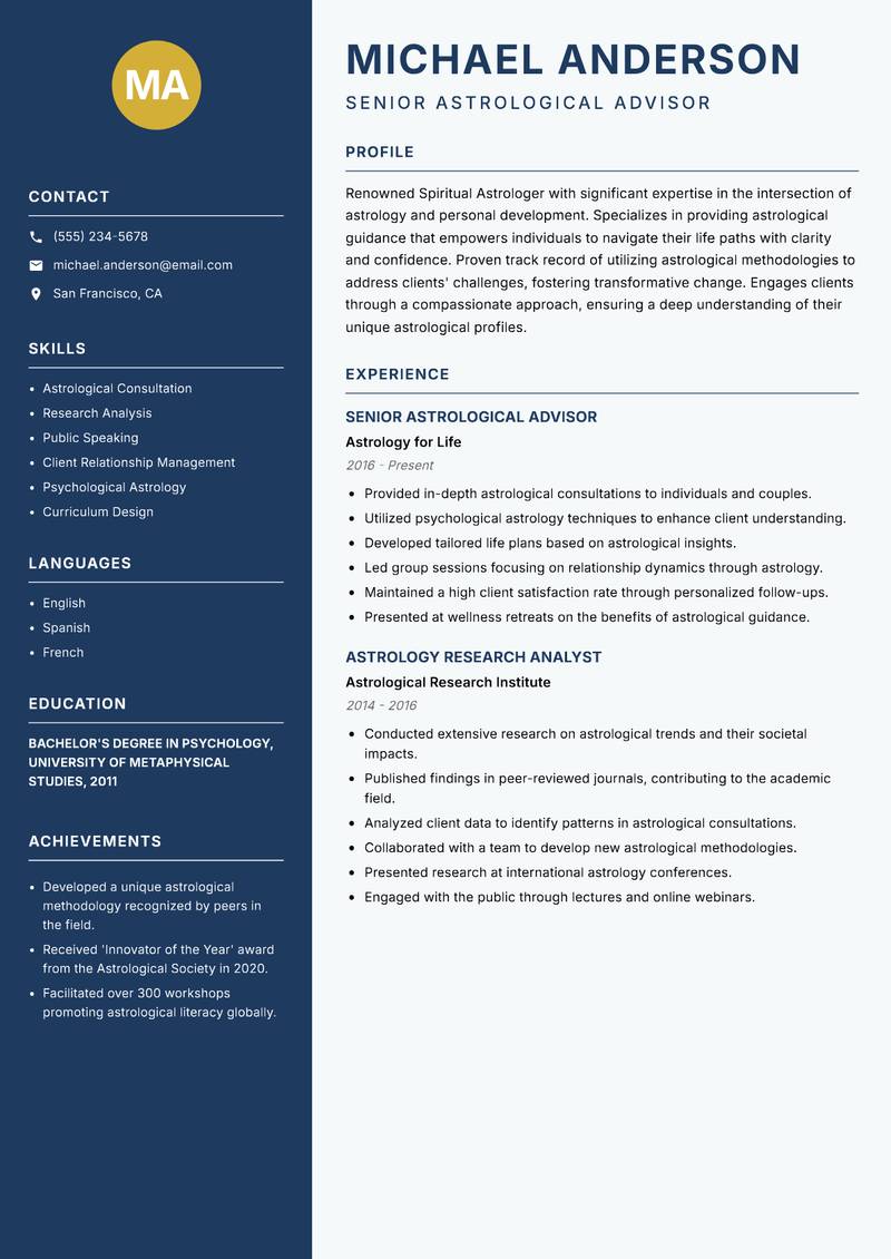 Spiritual Astrologer Resume Preview Example