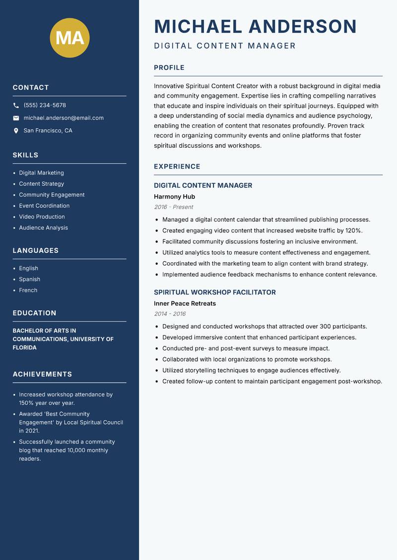 Spiritual Content Creator Resume Preview Example