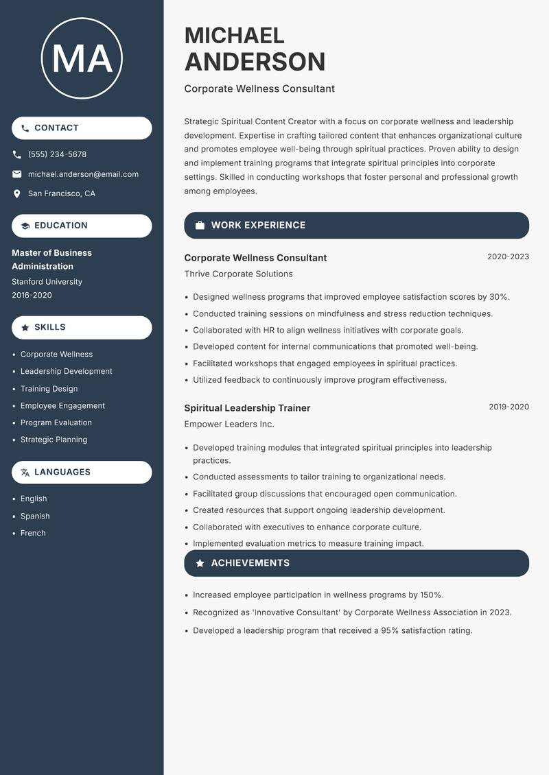 Spiritual Content Creator Resume Preview Example