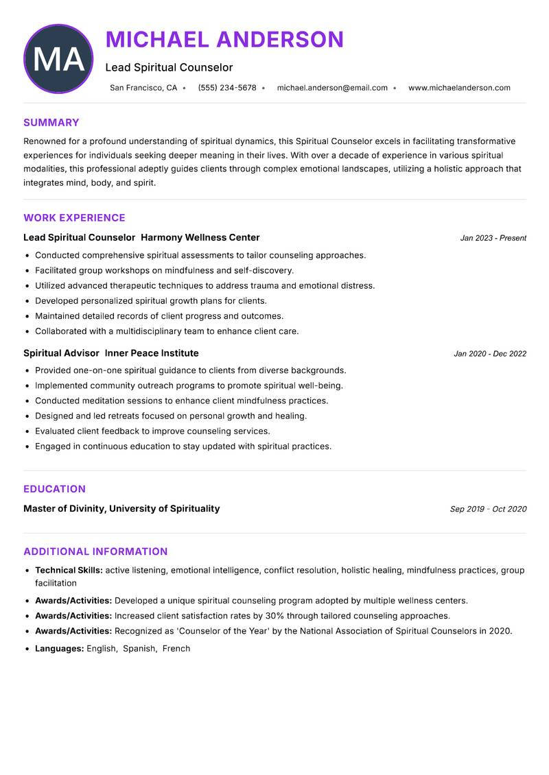 Spiritual Counselor Resume Preview Example